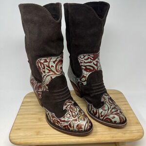 Suede Leather Brown Embroidered Western Cowboy Boots Size 6 Block Heal‎ Org $240